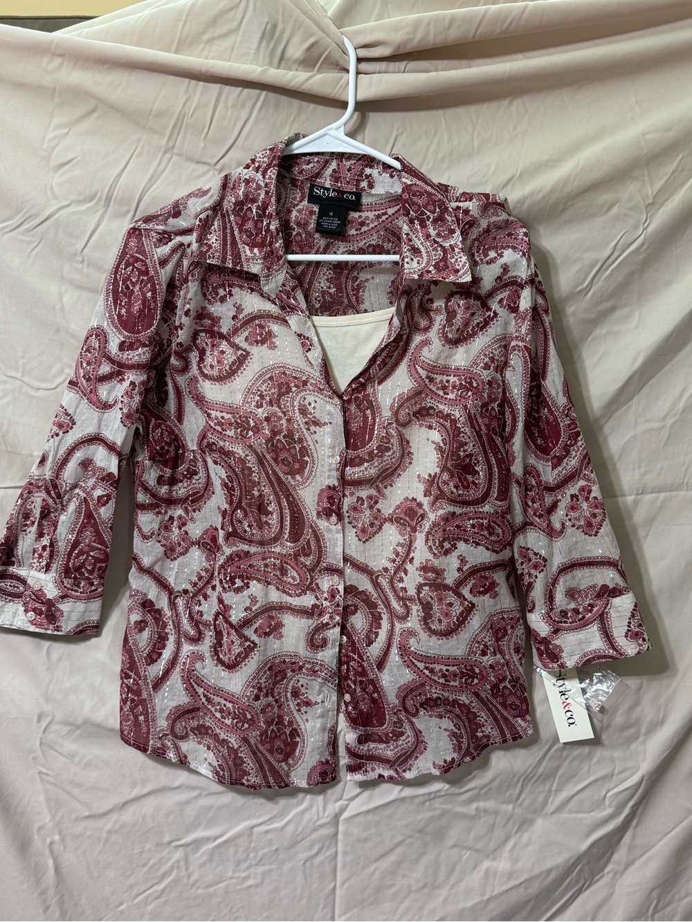 Style & Co. Paisley Button-Down Top in Maroon and Cream